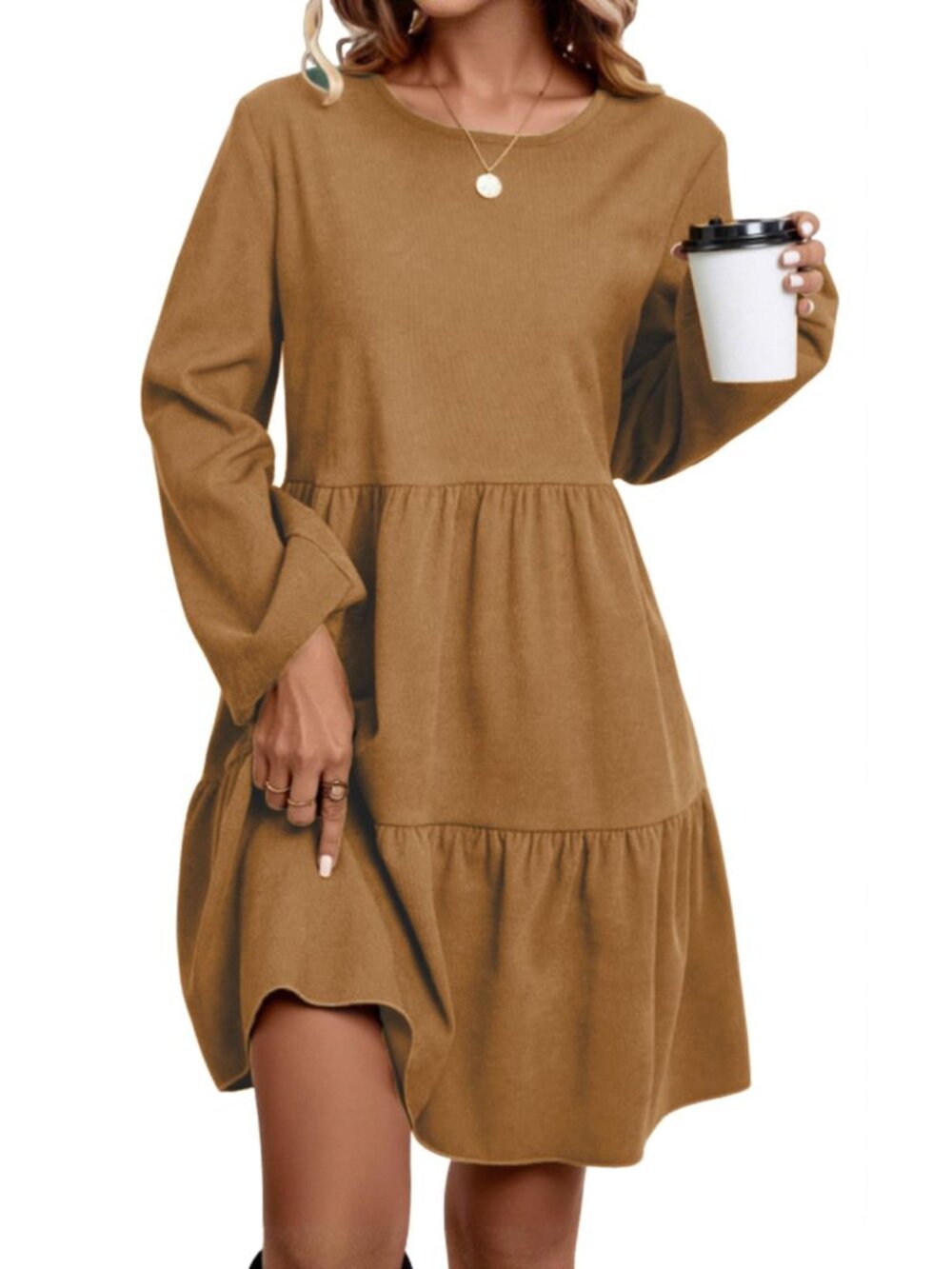 Long-Sleeved Mid-Length Dress with a Round Neck